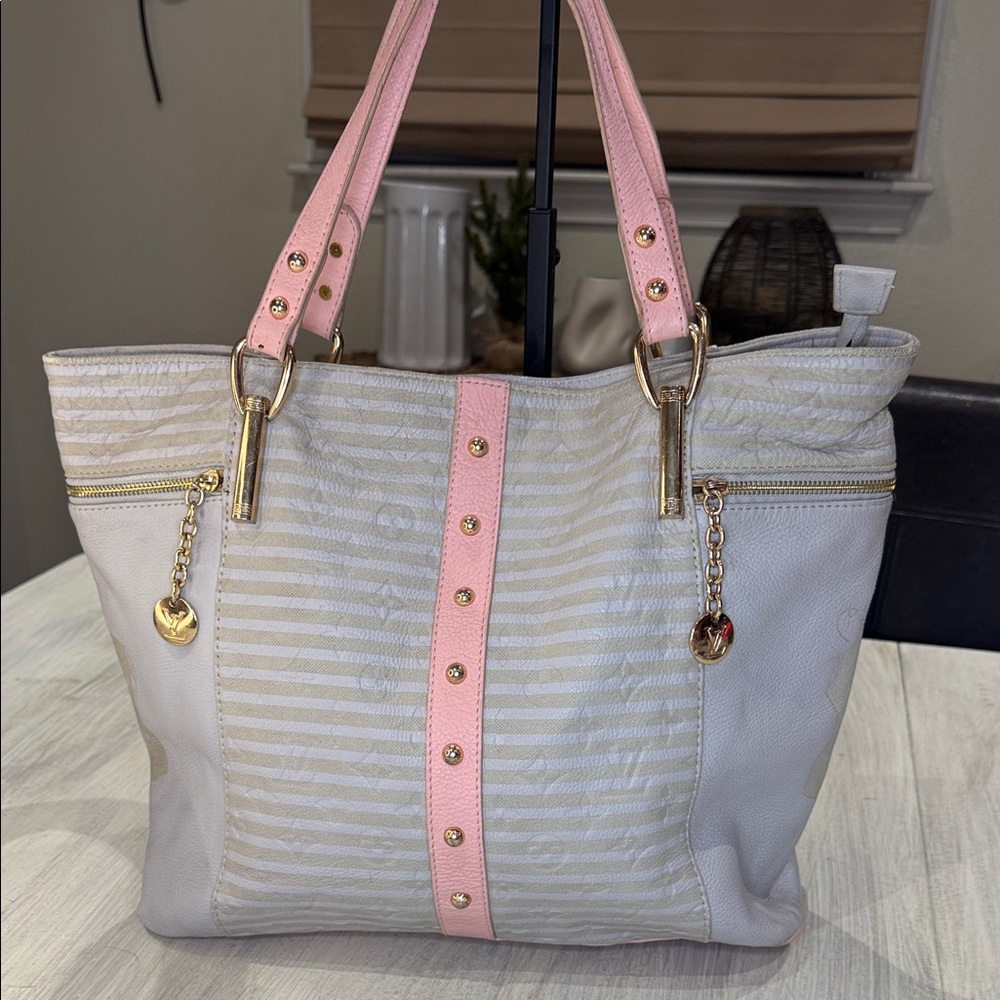 Monogram Designer Pink and White Studded Tote Bag